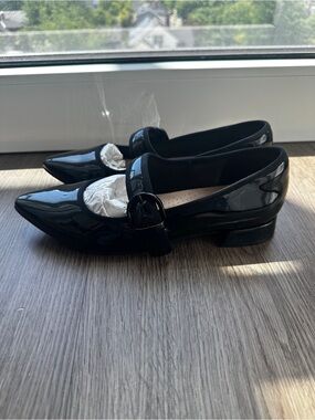 Clarks Black Patent Pointed-Toe Mary Jane Loafers with Buckle